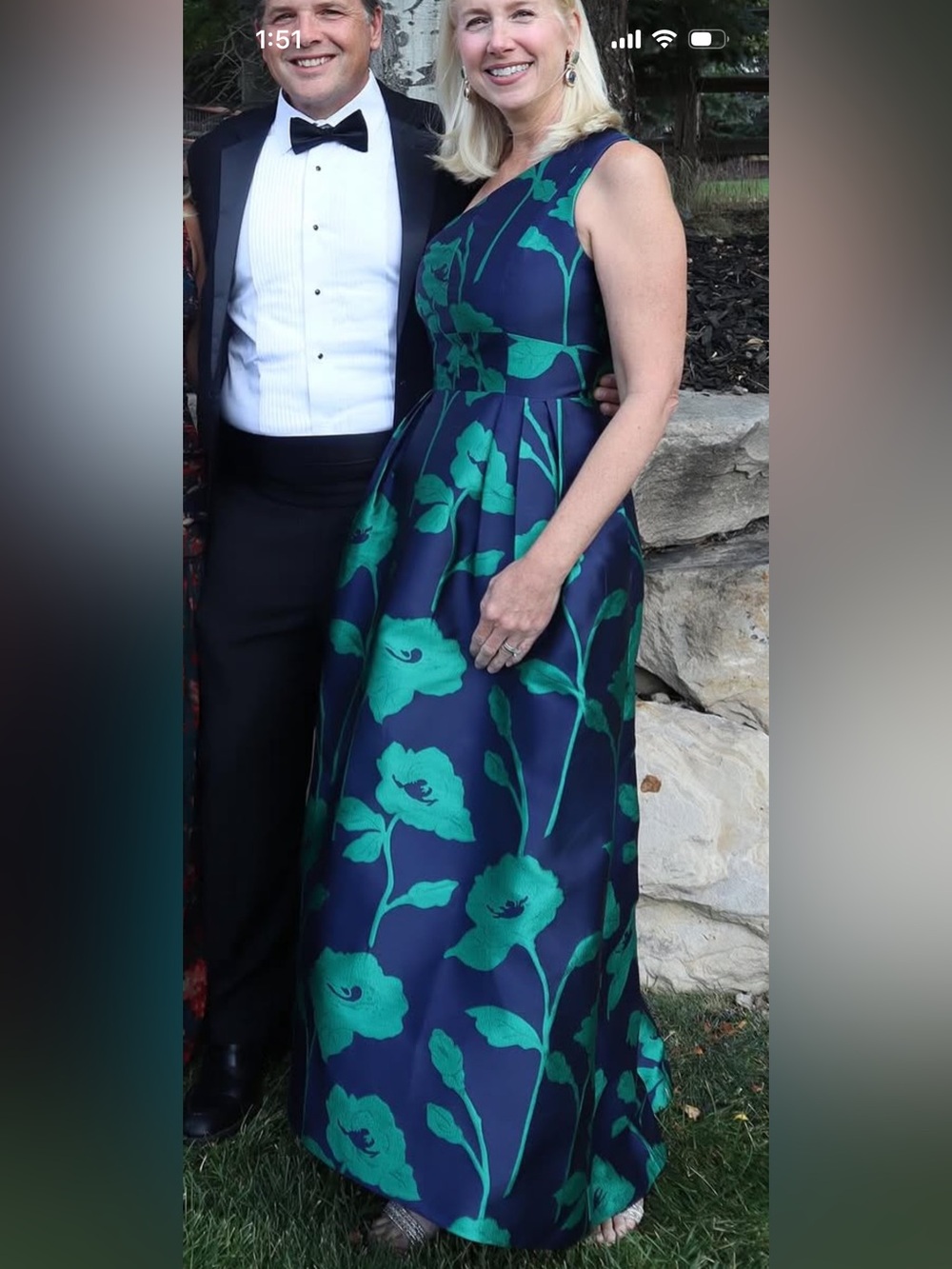 Kay Unger Navy and Teal Floral One-Shoulder Evening Gown
